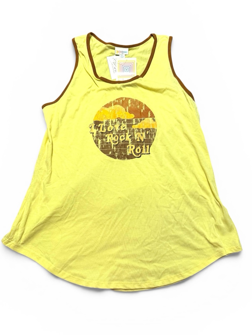 LuLaRoe Yellow Graphic Tank with Brown Trim